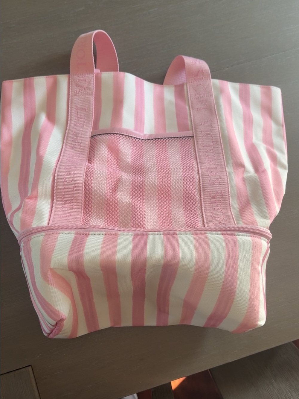 Victorias Secret Pink & White Striped Tote Bag